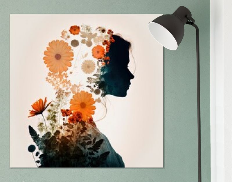 Surrealistisch beeld met dubbele belichting van vrouw en bloemen. Geweldig voor advertenties, boekomslagen, posters en meer. AI gegenereerde illustratie.