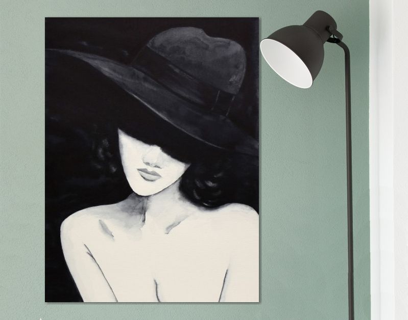 Sensueel vrouwelijk aquarel portret met grote hoed