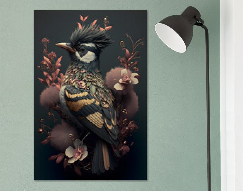 3D illustratieve tekening van een vogel met ornamenten en bloemen. Ingewikkelde details. Generatieve AI.