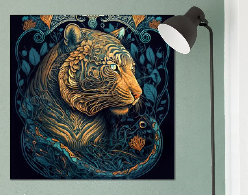 Portret van sierlijke tijger, mysteriekunst, donkere achtergrond, wicca-symbool, dierlijk gezicht