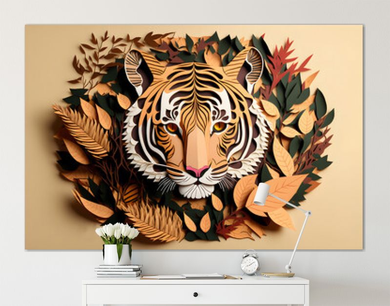 Papier gesneden ambachtelijke kunst illustratie van een tijger. Bladeren sierlijk. Vooraanzicht. Generatieve AI.