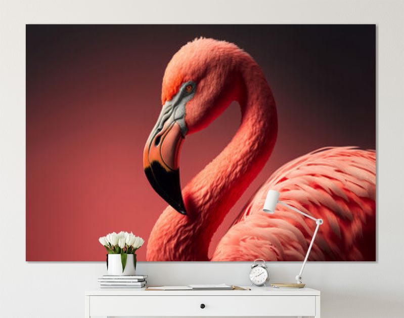 Portret van een roze flamingo tegen een roze achtergrond. Generitief ai