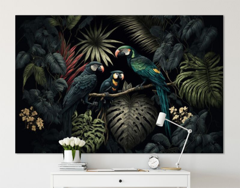 Tropische illustratie met groene bladeren, exotische bloemen en papegaaien op donkere achtergrond. Generatieve AI.
