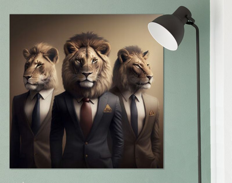 Afbeelding van enkele leeuwen in een elegant pak. Generatieve AI.