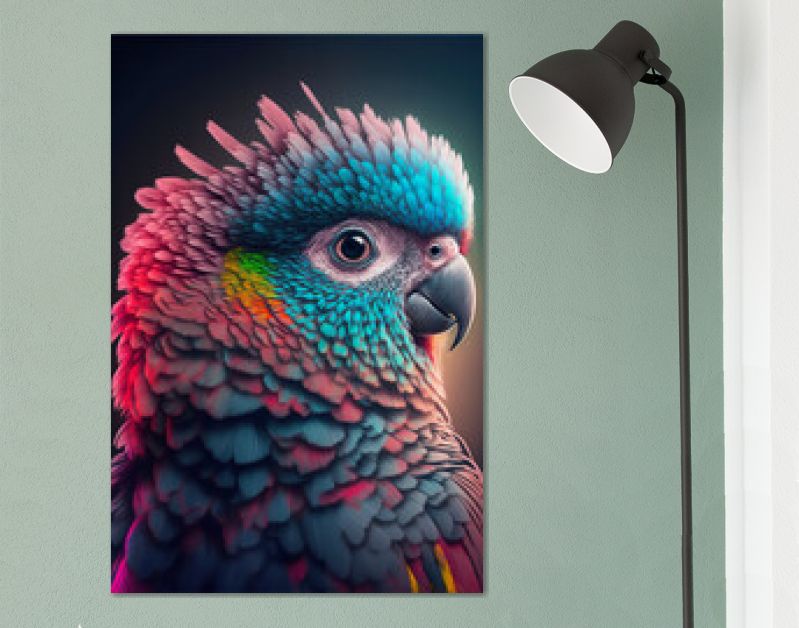 ai halverwege de reis gegenereerde illustratie van een kleurrijk papegaaienportret in blauwe en roze kleuren