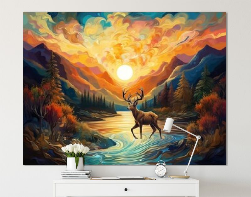 3d abstractie modern muurkunstdecorbehang met blauwe en gouden hertendieren met zonsondergangberg en bomen illustratie achtergrond generatieve ai