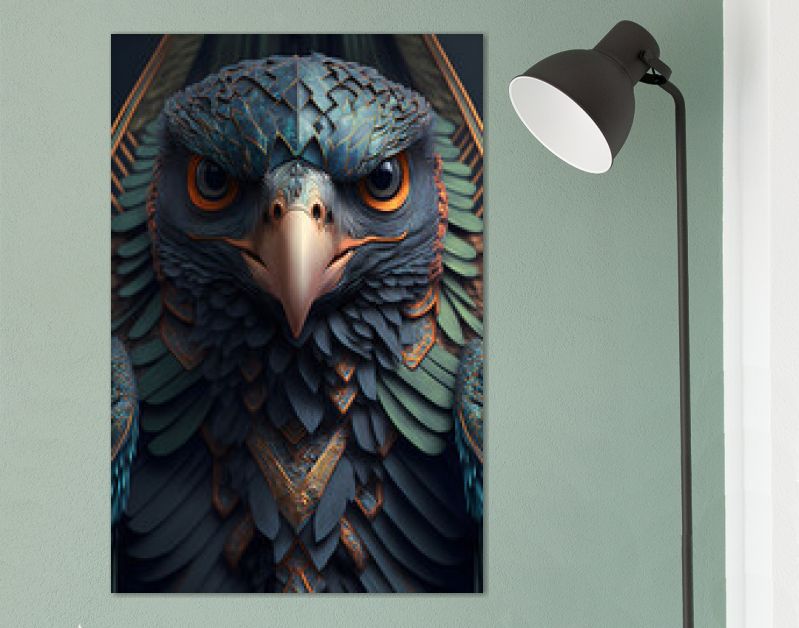 Close-up van het hoofd van een havik gemengd met ornamenten. Portretstijl in 3D-ontwerp. Generatieve AI.