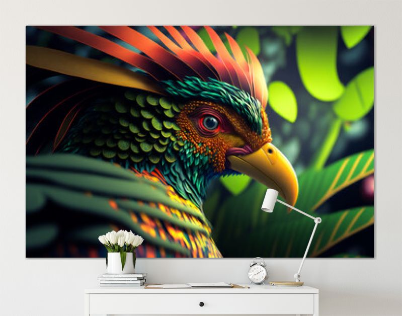 Gekleurde abstracte paradijsvogel op een zwarte achtergrond. Afbeelding gemaakt met generatieve AI-technologie.