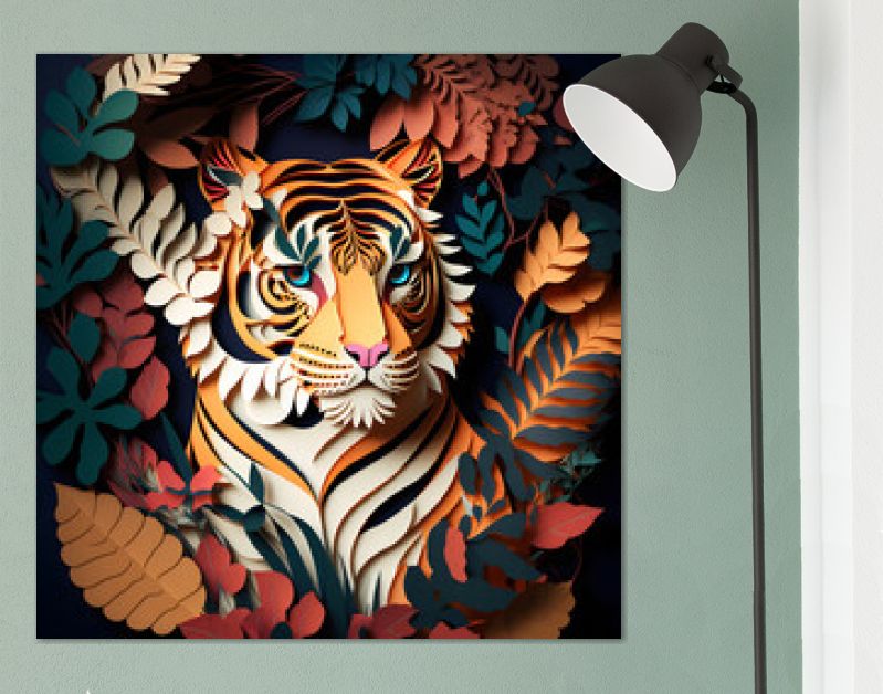 Papier gesneden ambachtelijke kunst illustratie van een tijger. Bladeren sierlijk. Vooraanzicht. Generatieve AI.
