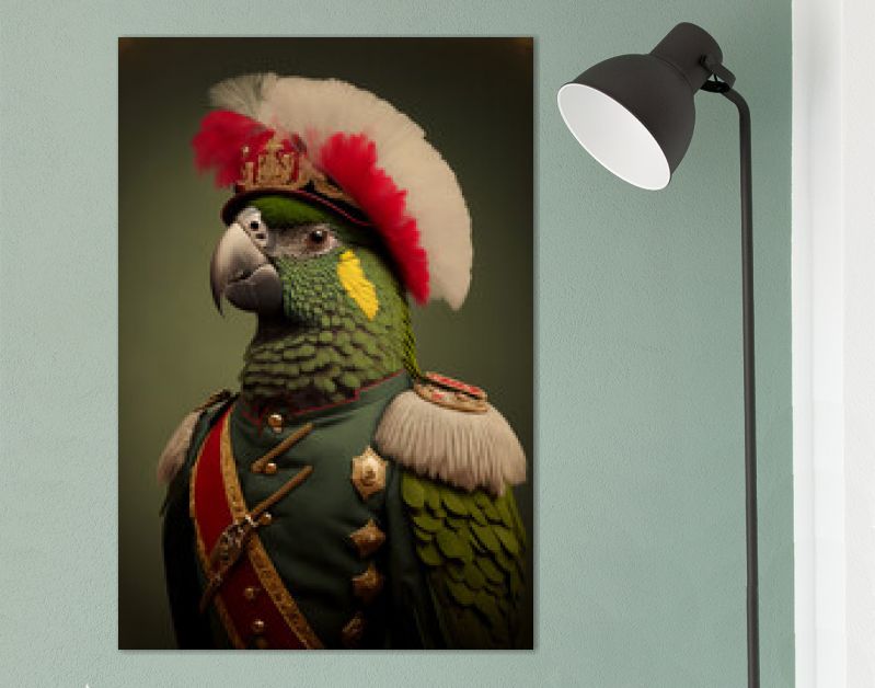 Een exotische papegaai die een traditioneel militair uniform draagt. Dierenportret in kleding. generatieve ai