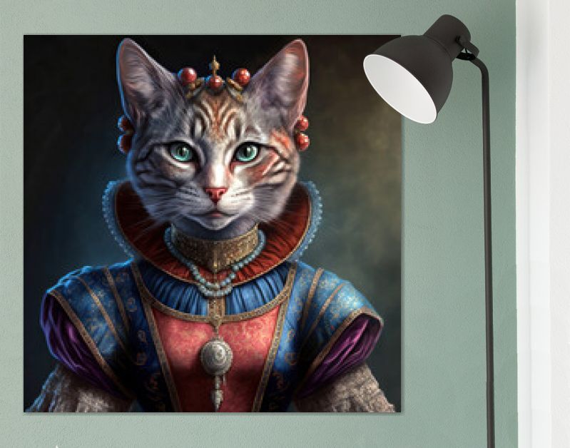 Portret, antropomorfe kat als barones, generatieve AI
