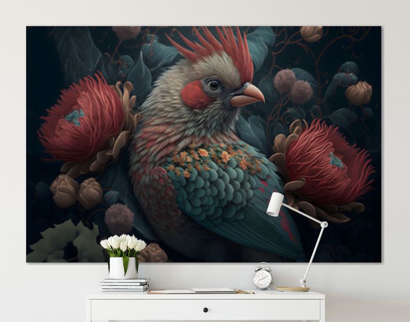 3D illustratieve tekening van een vogel met ornamenten en bloemen. Ingewikkelde details. Generatieve AI.