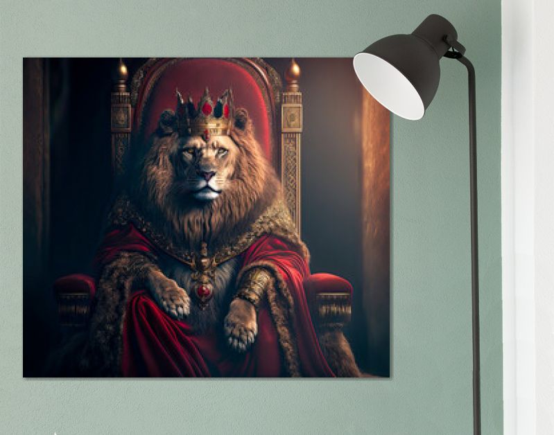 Koninklijke leeuw zittend op een troon, close-up. Generatieve AI