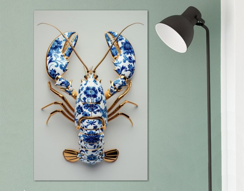 Delfts blauwe kreeft met goud op zacht salie