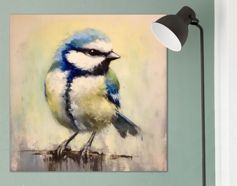 Realistische Sereniteit De Vogel in Blauw en Geel