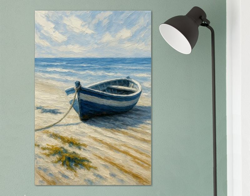 Blauwe roeiboot op rustig strand bij zee