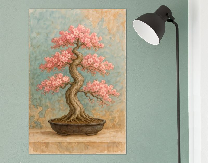 Japandi bonsai met bloeiende kersenbloesem