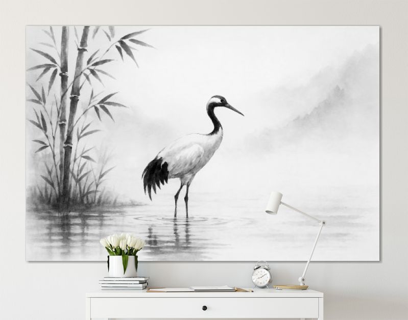 Kraanvogel aan de rivier in Japanse inkstijl