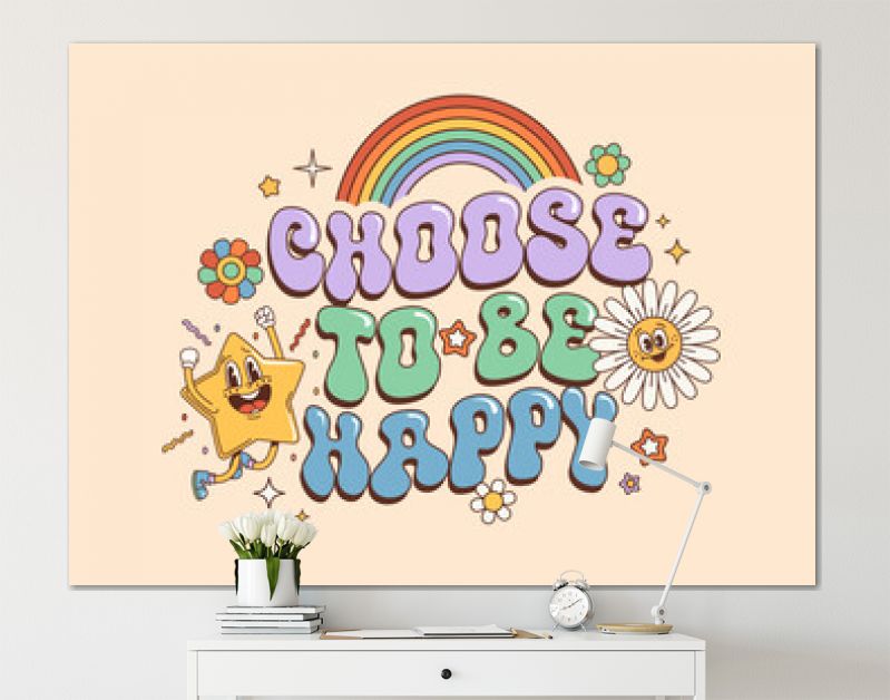Groovy hippie quote Choose to Be Happy with retro 70s funky characters, vector banner. Hippie quote text with groovy rainbow and quirky daisy flower with comic star smile in 60s or 70s art background