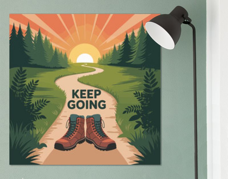 Inspirational motivational poster featuring hiking boots on a winding forest path under a vibrant sunrise promoting perseverance and encouraging quotes to keep going vector