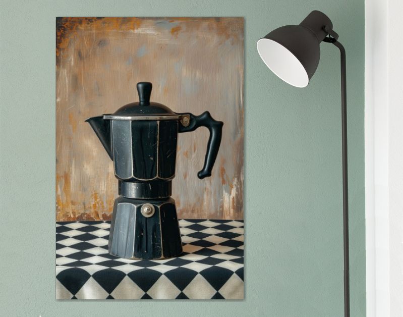 Koffie percolator zwart op geruit tafelkleed