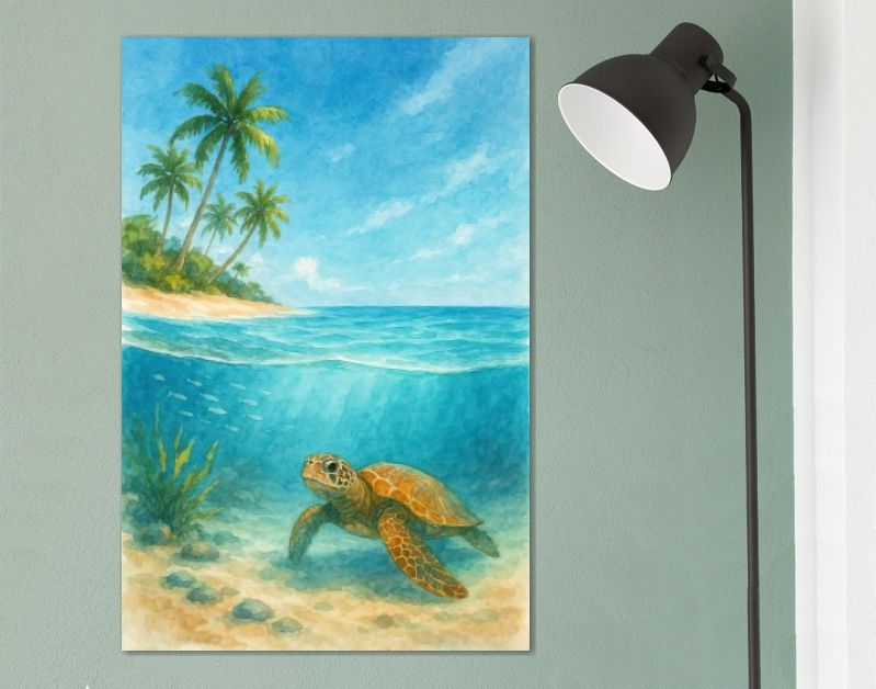 Schildpad bij tropisch strand en palmbomen