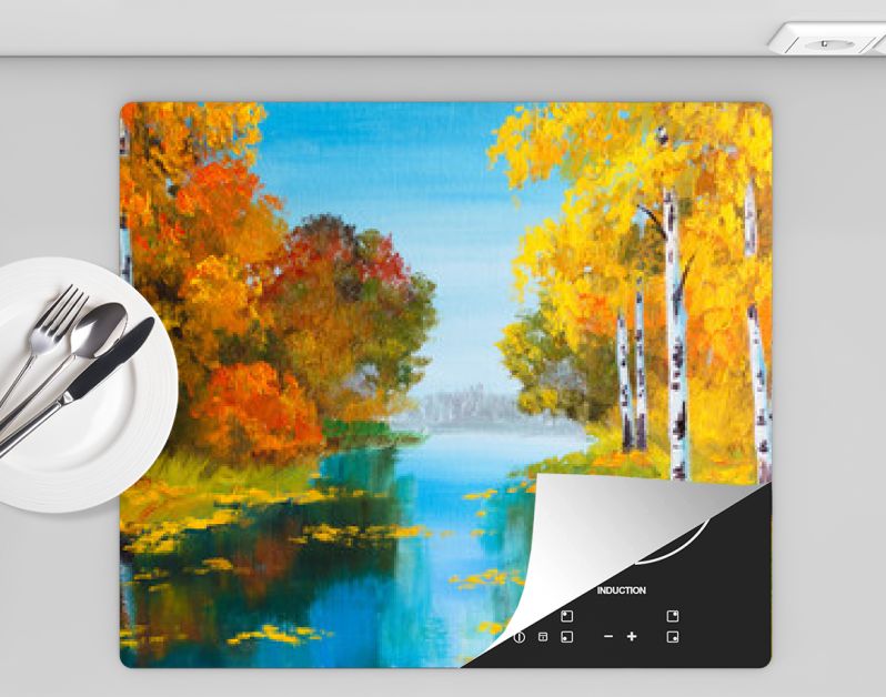 landschap met olieverf - berkenbos bij de rivier