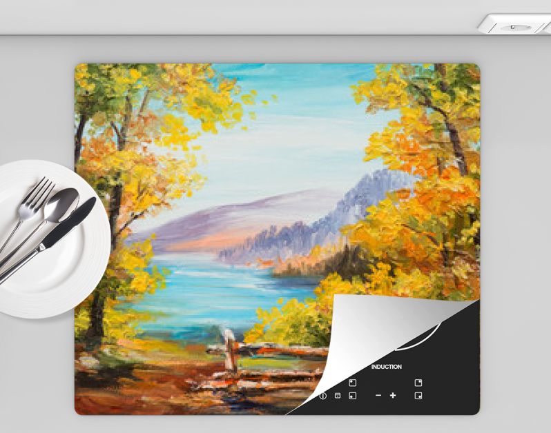 Landschap met olieverfschilderij - kleurrijk herfstbos, bergmeer, impressionisme