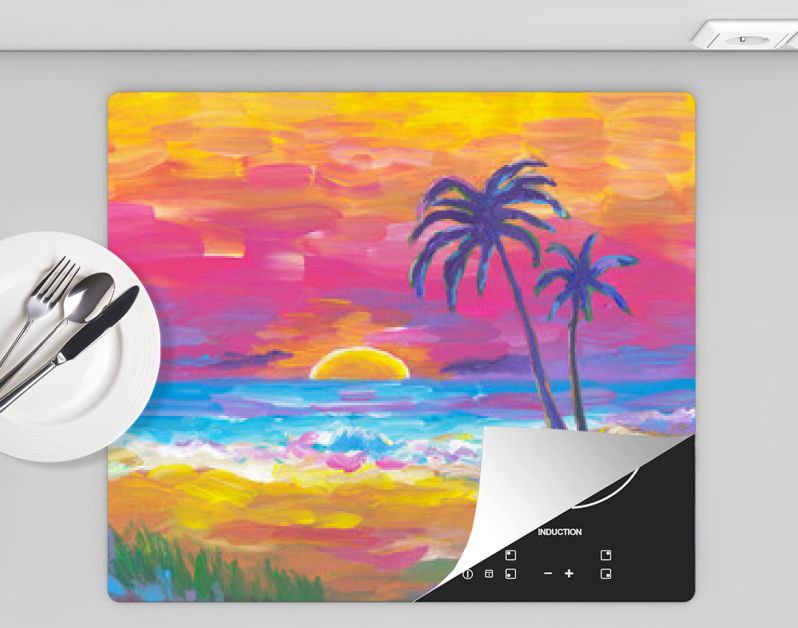 Palmenstrand, zonsondergang, zand, oceaan. Kust landschap. Abstract olieverfschilderij