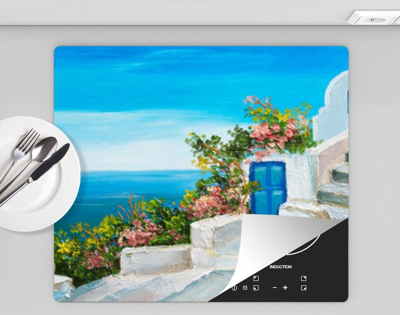 olieverfschilderij - huis in de buurt van de zee, kleurrijke bloemen, zomerzeegezicht