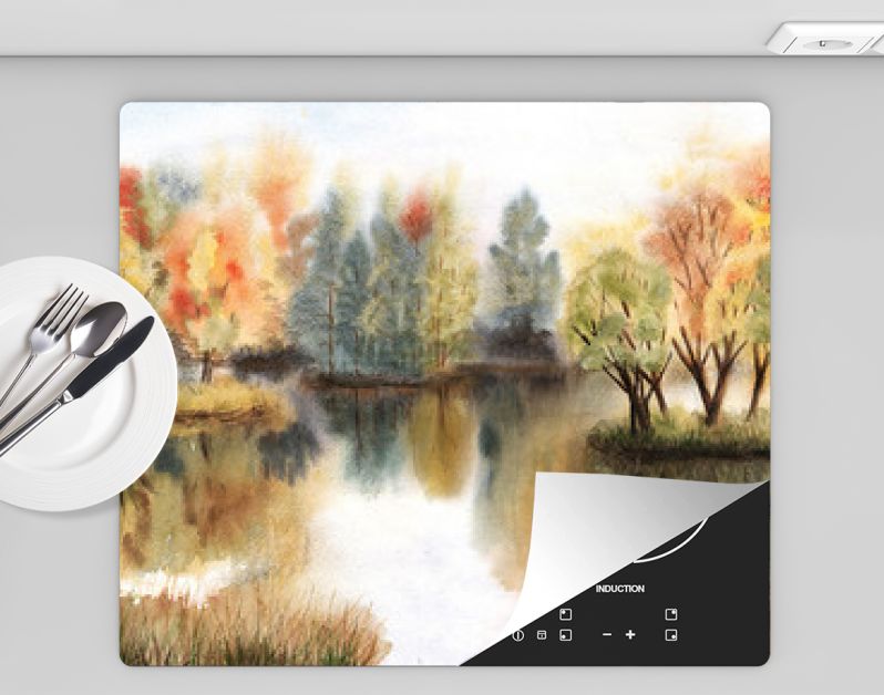 Aquarel herfstlandschap met bomen op eilanden en hun reflecties in een meer