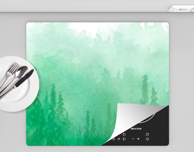 Aquarel groep bomen - spar, dennen, ceder, spar. groen bos, landschap, boslandschap. Tekening op witte geïsoleerde achtergrond. Mistig bos in nevel. Ecologische affiche. Aquarel schilderij