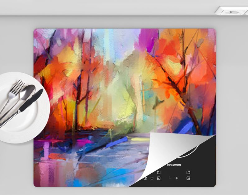 Olieverf schilderij kleurrijke herfst bomen. Semi abstract beeld van bos, landschappen met geel - rood blad en meer. Herfst, herfst seizoen natuur achtergrond. Met de hand geschilderd impressionistisch, buitenlandschap