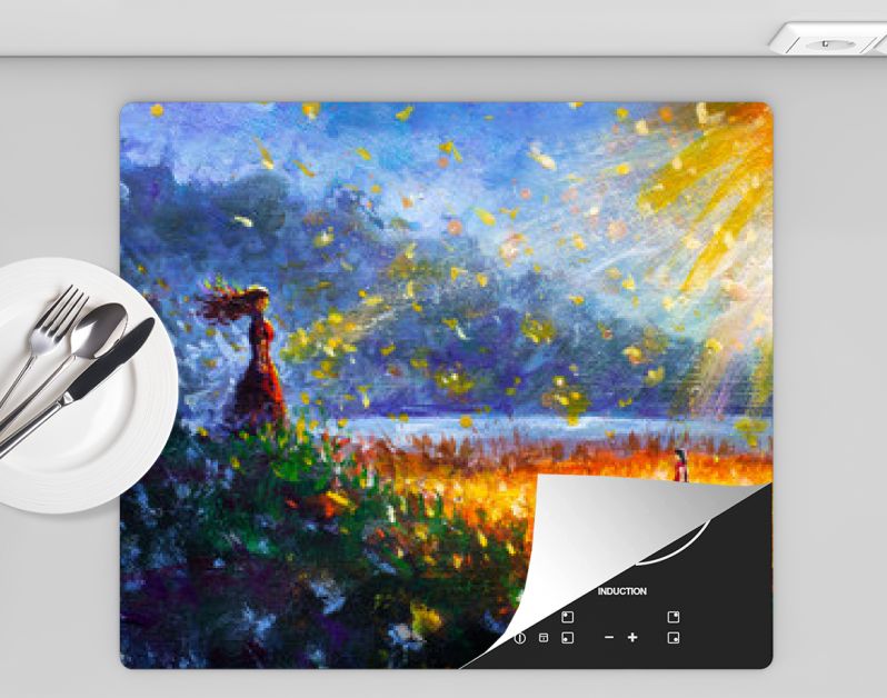 Schilderij olie - Gloeiende bloem, klein meisje en vrouw moeder - Sprookjesachtige illustratie - moderne kunst impressionisme abstract landschap acrylverf kunstwerk