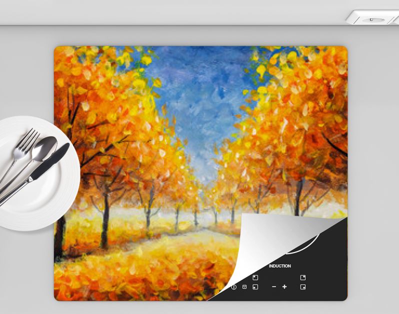 Herfst impressionisme olieverf landschap verf kunst. Goudoranje herfstboom park steegje bos hout met blauwe lucht