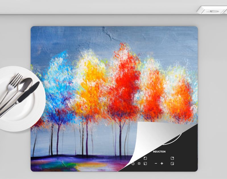 Landschap met olieverfschilderij, abstracte kleurrijke gouden bomen