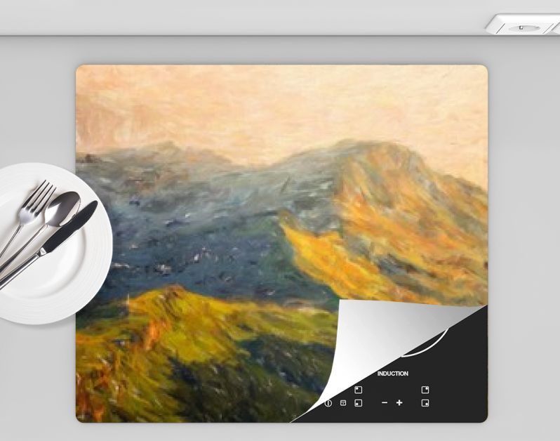 Digitale bergen bekijken olieverfschilderij met echt penseelstreken effect. Hedendaagse impressionistische kunst aan de muur in gemengde stijl. Kracht van de natuurscène. Vakantie ansichtkaarten en prints ontwerp. Schoonheid kunstwerk.