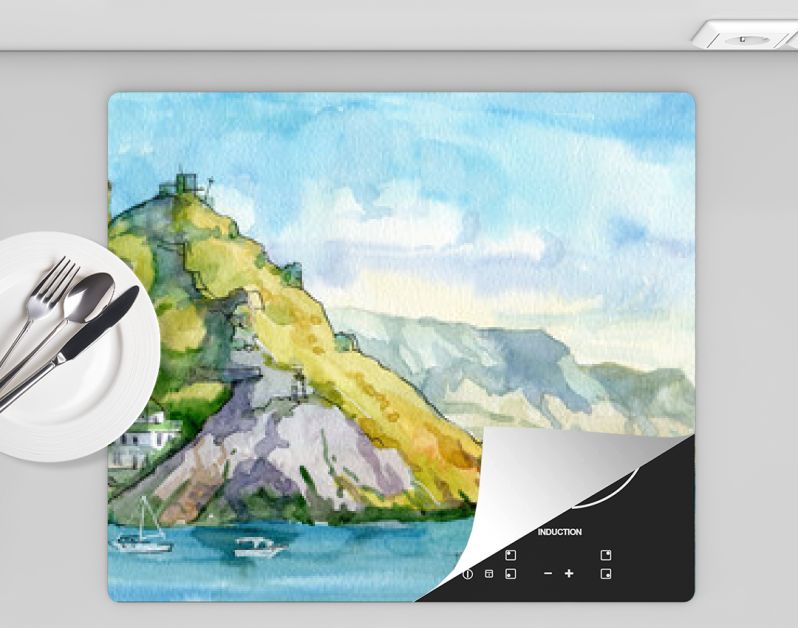 Landschap. Zeegezicht. Waterverf. Zee, rotsen, bergen, haven, schepen. Bivakmuts, Sebastopol, Krim. reizen. Toerisme.