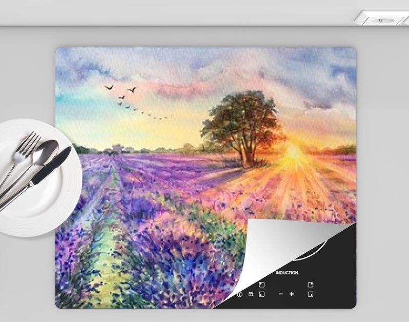 Aquarel lavendelveld. Zonsondergang lavendelveld. Violette achtergrond. Frankrijk Provence. Lente zomer briefkaart banner. Geurige bloemen. Aroma