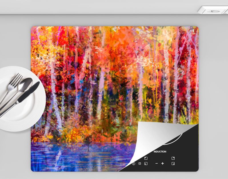 Olieverf schilderij kleurrijke herfst bomen. Semi abstract beeld van bos, espbomen met geel - rood blad en meer. Herfst, herfst seizoen natuur achtergrond. Met de hand geschilderd impressionistisch, buitenlandschap