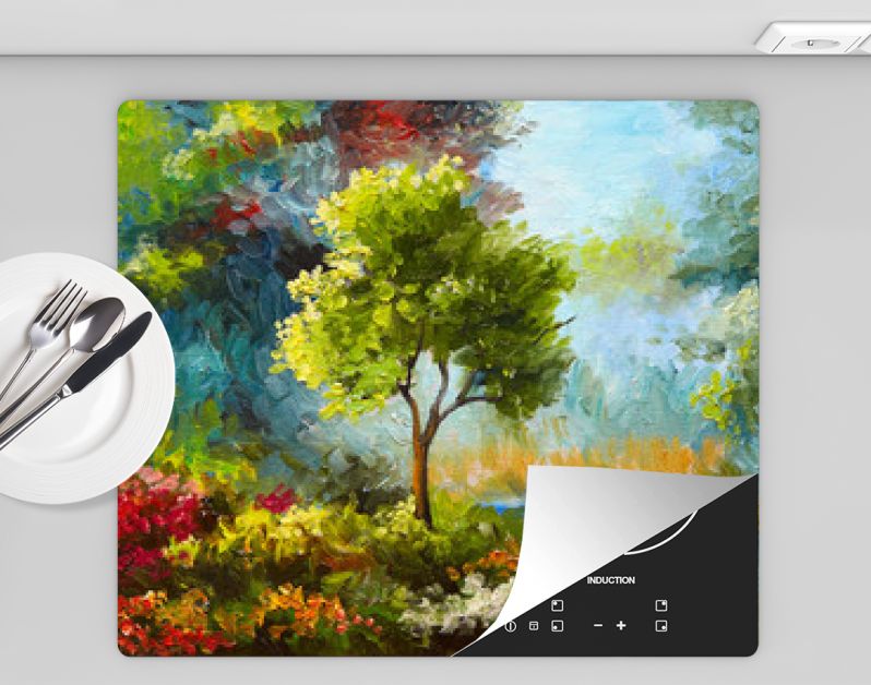 olieverfschilderij, bloemen en bomen bij de rivier, zonsondergang