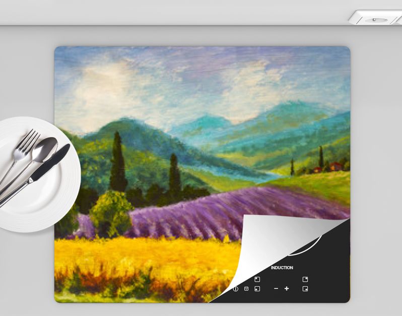 Olieverfschilderij Italiaans zomerlandschap. Lavendel paars veld. Frans Toscane. Veld van gele rogge. Landelijke huizen