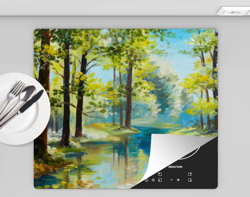 Landschap met olieverfschilderij - rivier in het bos, zomerdag