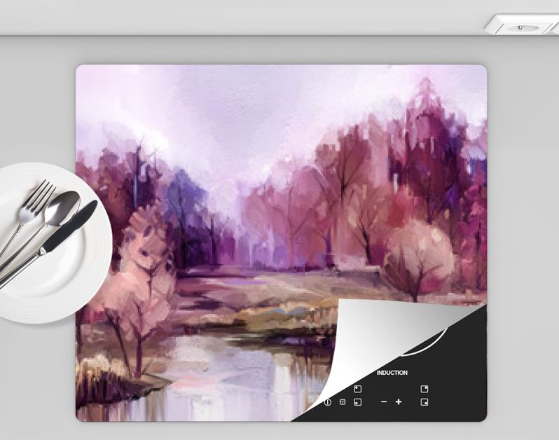 Olieverf schilderij kleurrijke herfst bomen. Vintage verfkleurenafbeelding van landschap, bos met geel, rood blad en meer. Herfst, herfst seizoen natuur achtergrond. Met de hand geschilderd impressionistisch, buitenlandschap