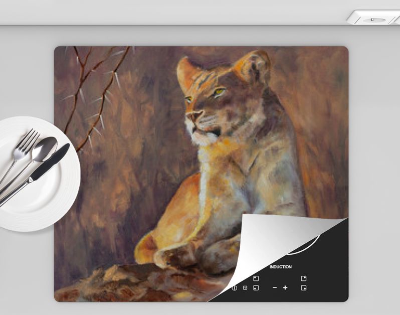 Origineel olieverfschilderij, Leeuwin die haar domein onderzoekt.