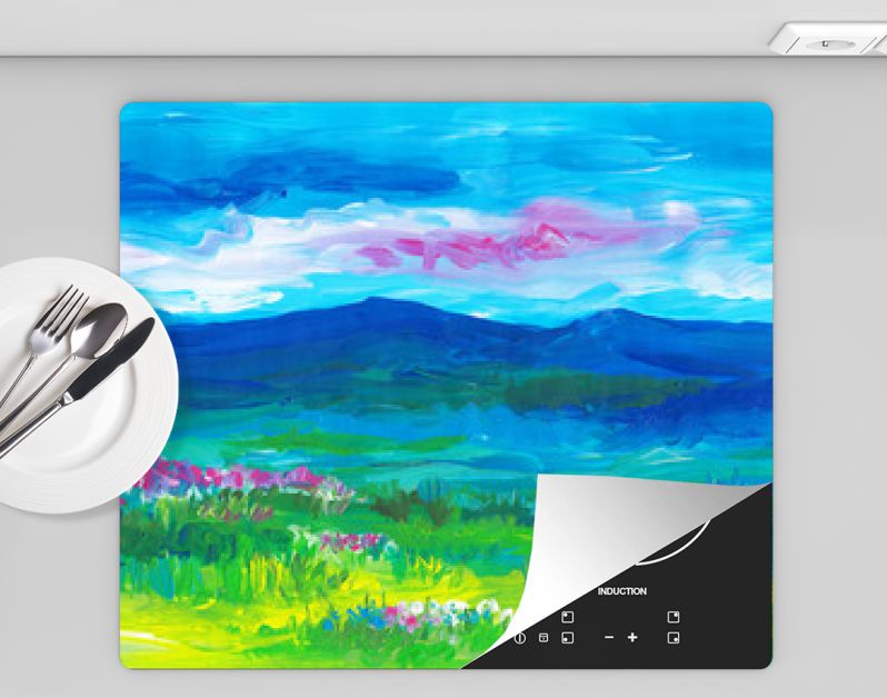 Olieverf landschap schilderij. Blauwe bergen, groene velden, roze bloemen, avondrood.