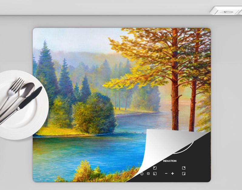 Ochtendlandschap met dennen en rivier.