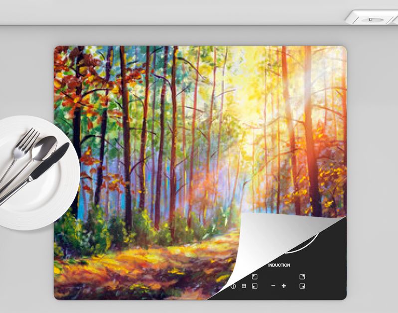 Origineel olieverfschilderij prachtig bos in de herfst, schilderachtig landschap met aangename warme zonneschijn beeldende kunst