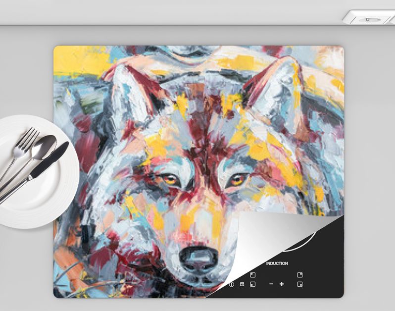 Oliewolf portret schilderij in veelkleurige tinten. Conceptueel abstract schilderij van een paar wolven. Close-up van een schilderij door olie en Paletmes op canvas.