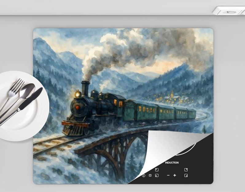 Winterse stoomtrein over brug in berglandschap